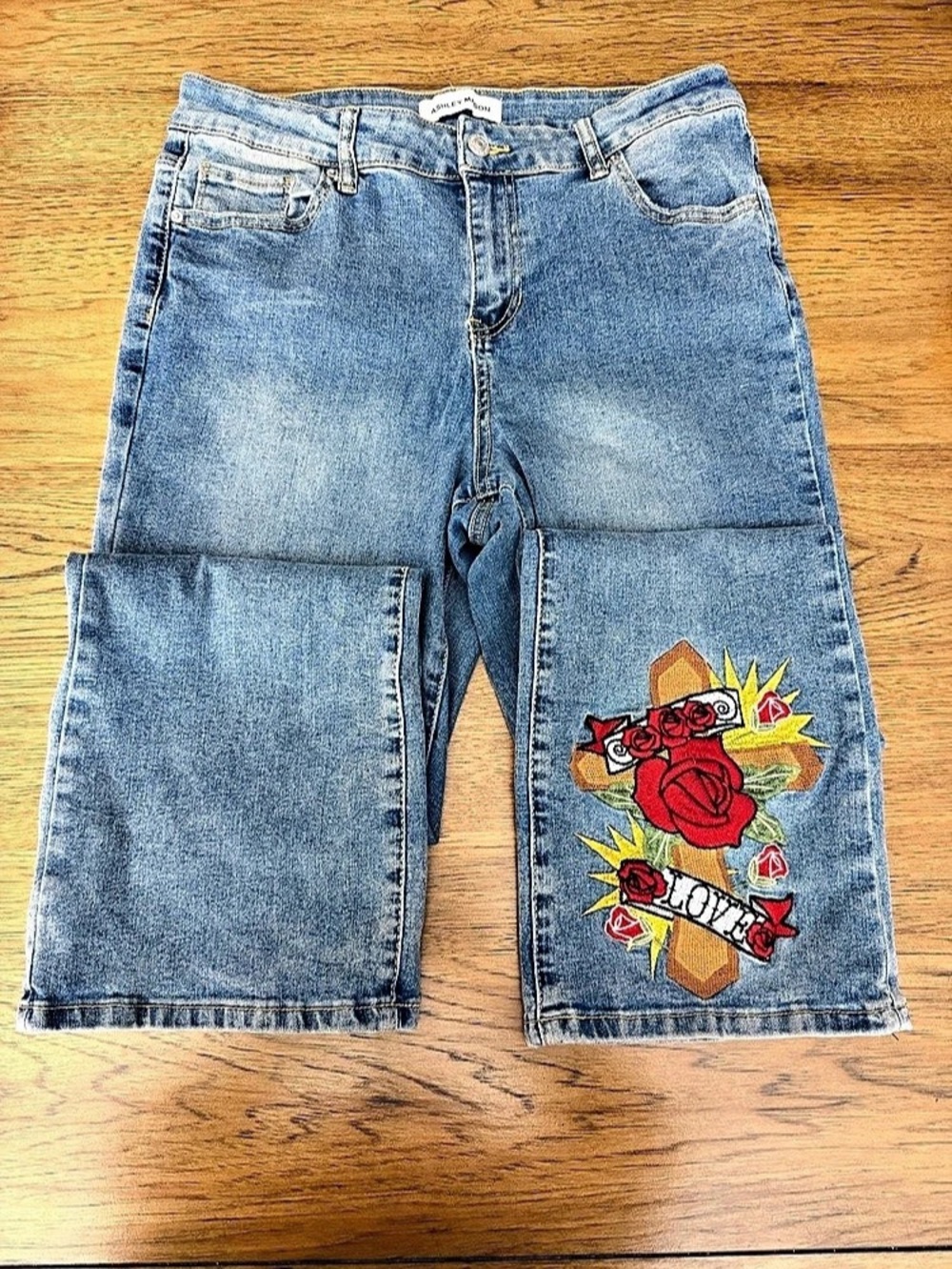 Ashley Mason Women's Bootcut Graphic Jeans Blue Size 14W